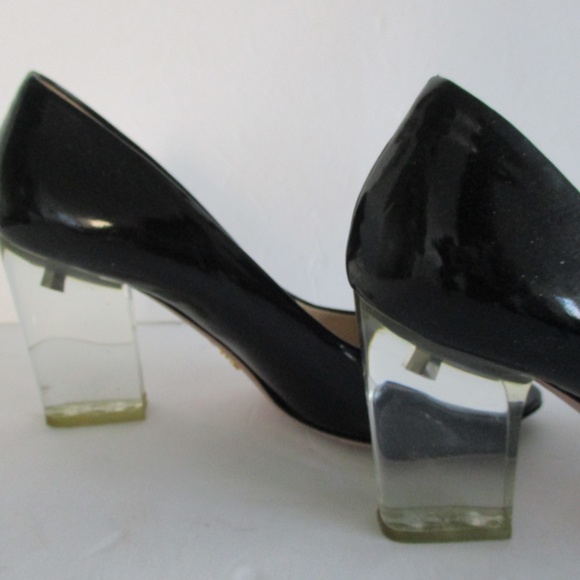 PRADA SHOES PUMP CLEAR HEELS PATENT BLACK COLOR SIZE 36 MADE IN ITALY USED COND. - Picture 5 of 16